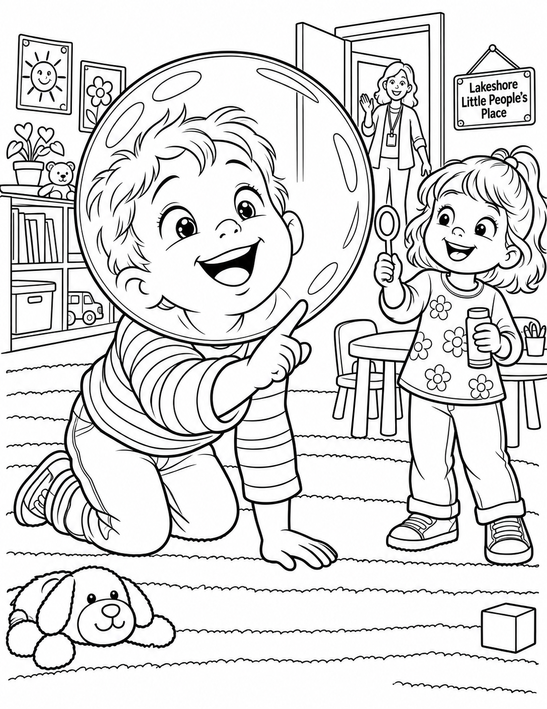 A huge soap bubble magnifies a child's smiling face.