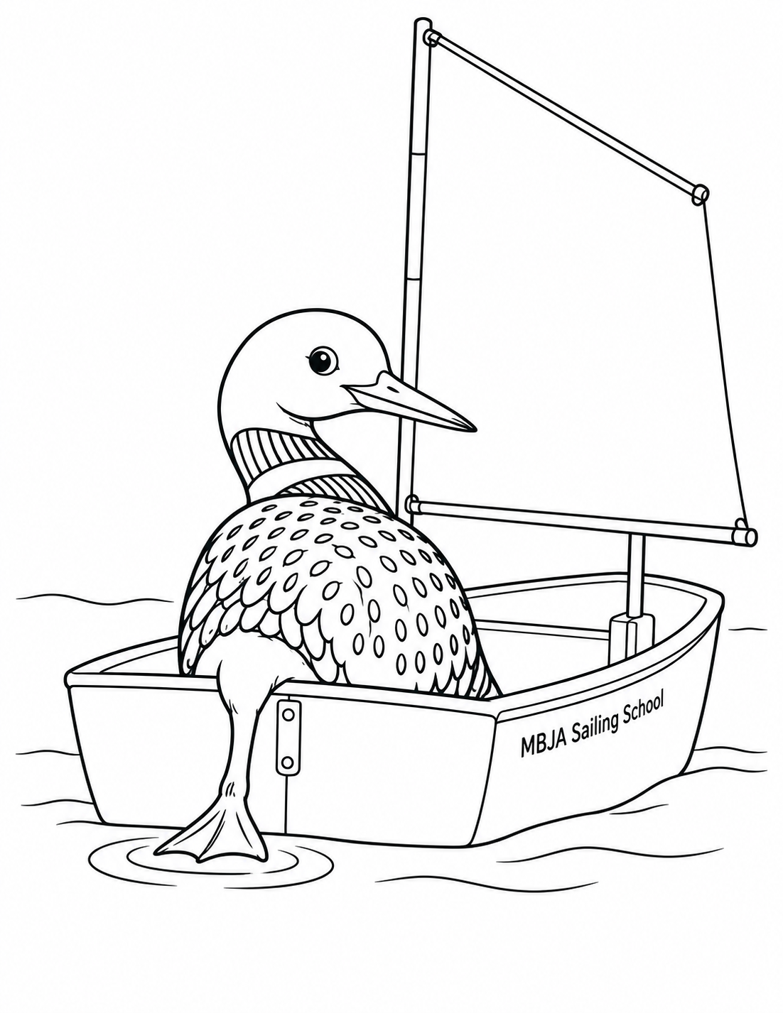 A friendly loon sails a small boat, trailing one webbed foot in the water.