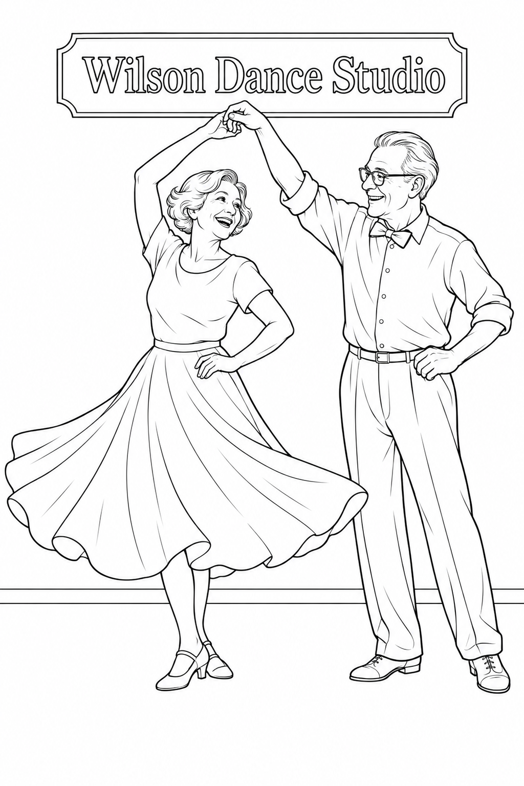 Older ballroom couple laugh through a simple underarm turn