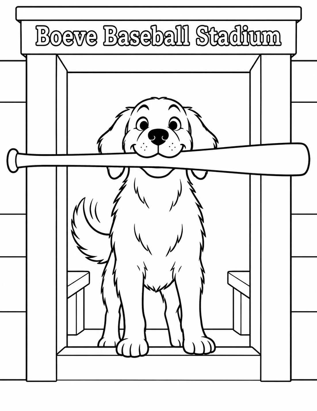 A proud floppy-eared dog tries to walk into a dugout carrying a long baseball bat crosswise in its mouth, but the bat sticks out past both sides of the narrow doorway.