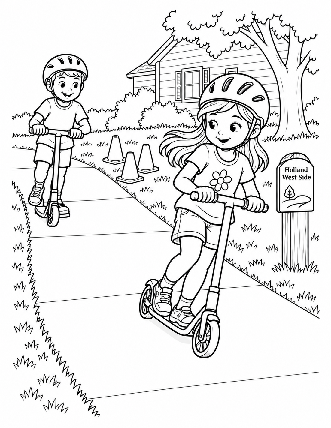 Helmeted scooter riders on a curving residential sidewalk with cones moved off the pavement