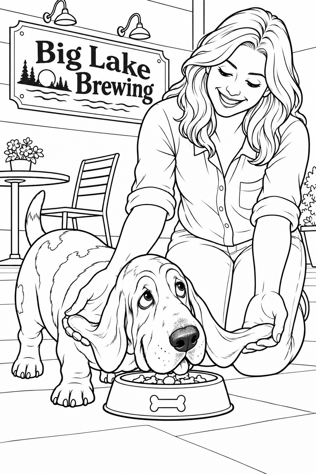A delighted basset hound eats its patio dinner while its smiling adult owner gently supports both long ears clear of the bowl.