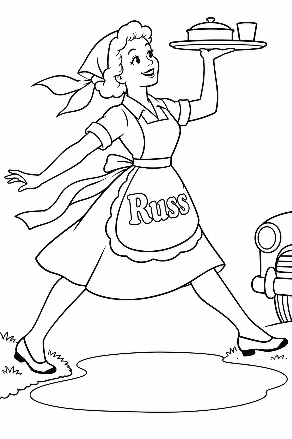A cheerful old-fashioned curbside server makes a long careful step over a broad puddle while balancing one round serving tray high on a flat palm, her scarf and apron strings streaming behind her.
