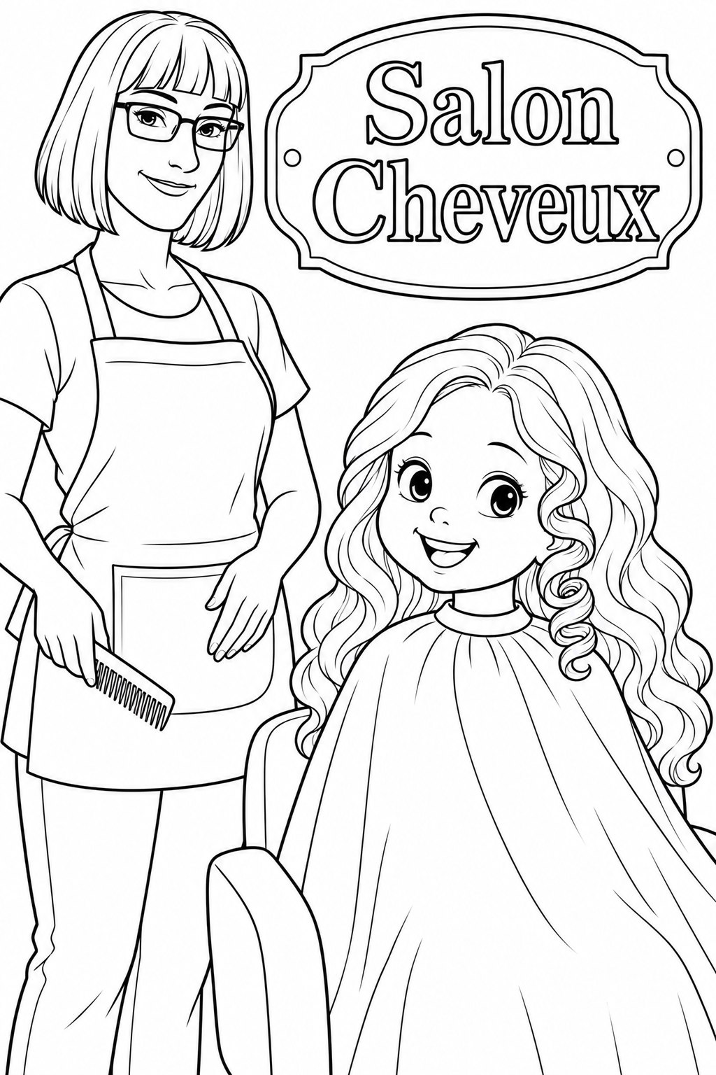 A delighted young girl sits in a salon chair with a big springy finished curl beside her cheek, while a clearly adult woman stylist smiles beside her with one ordinary comb lowered at her waist.