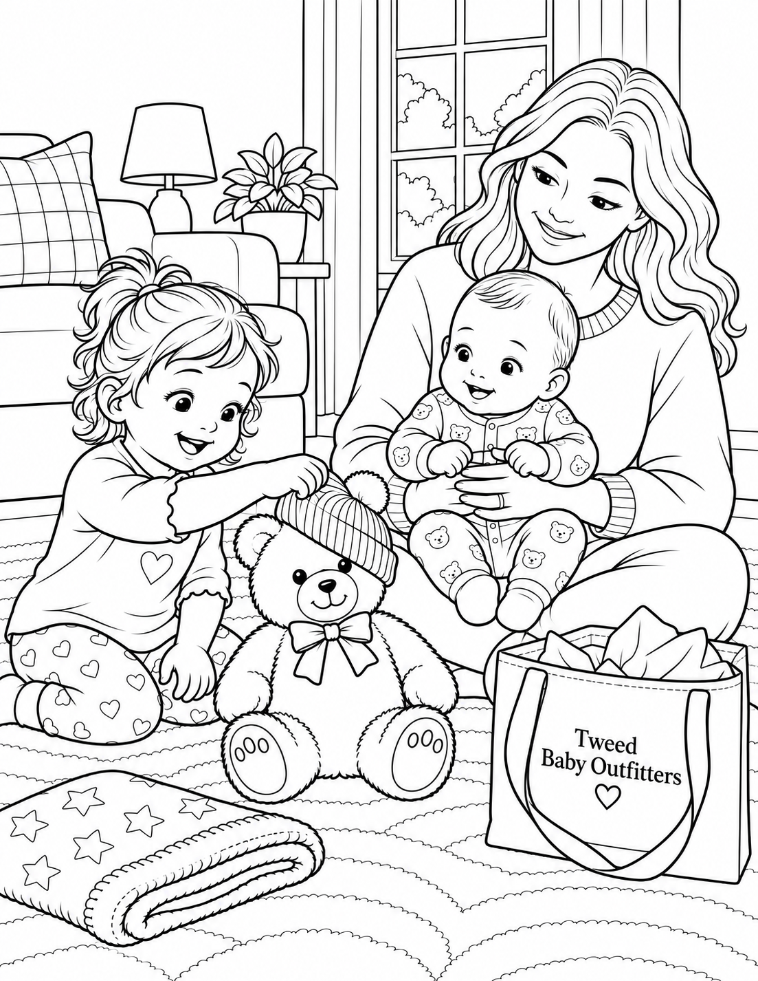 A toddler dresses a teddy while a parent holds a baby.
