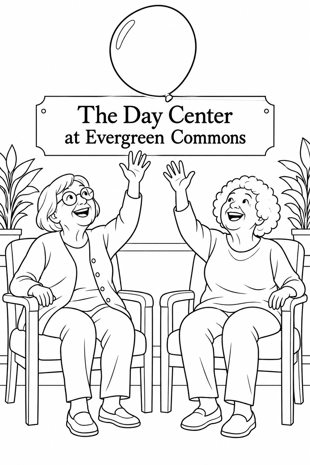 Two older women seated in sturdy chairs laugh as they keep a large balloon aloft between their open hands, with the near balloon looming playfully above their smiling faces.