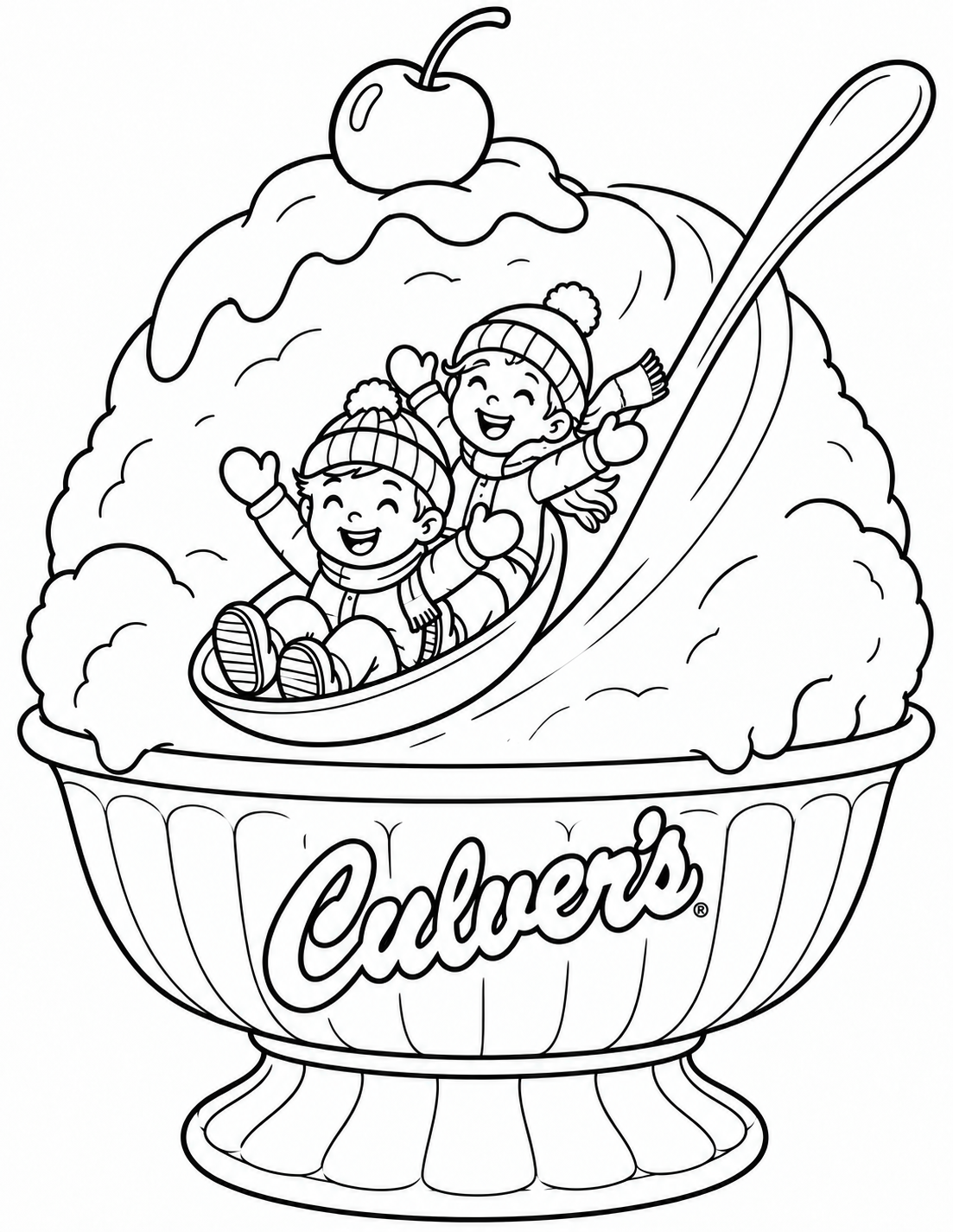 Two bundled children ride a giant spoon down a whipped-cream sundae hill.