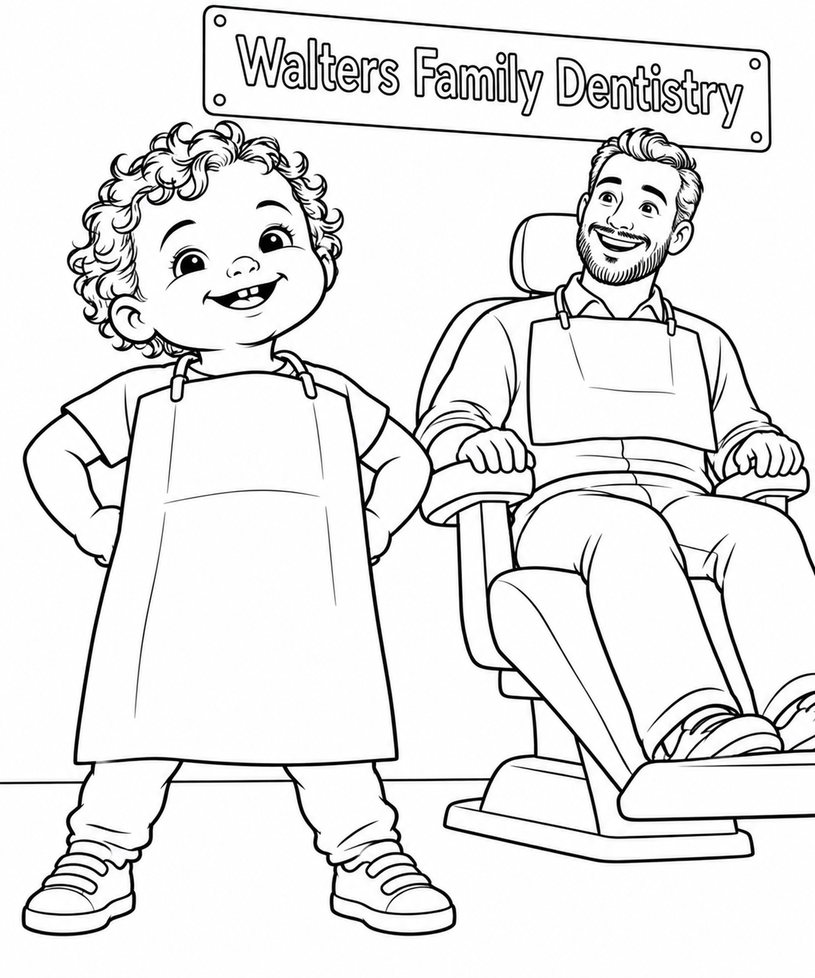 Toddler in huge bib imitates father ready for a dental visit