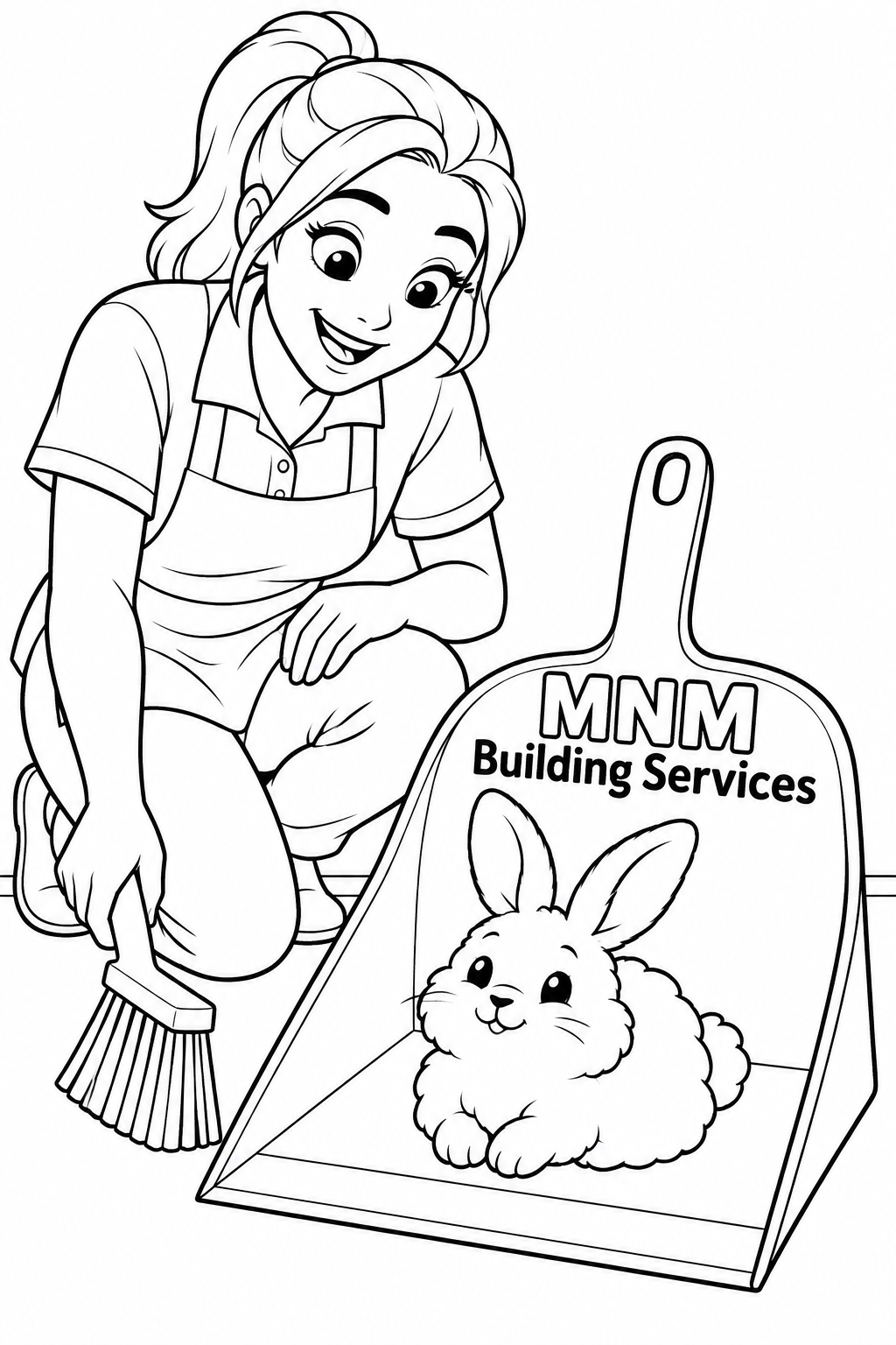 A delighted cleaner kneels beside a large dustpan and discovers a literal dust bunny sitting inside it: a small fluffy rabbit made of broad cloud-like tufts, with long ears and an innocent smile.