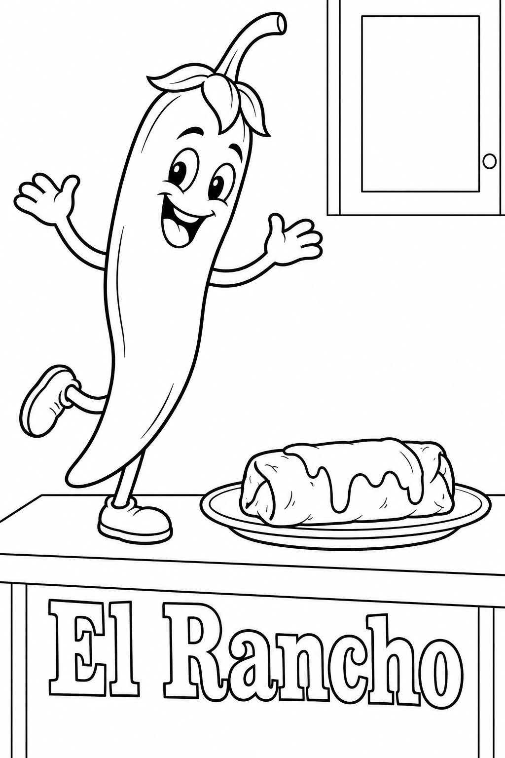 A smiling long pepper character does a jaunty one-foot dance on a kitchen counter beside one plated fajita chimichanga.