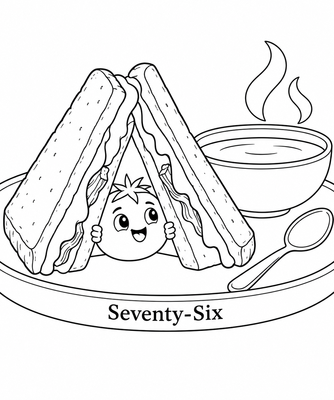 A cheerful tomato camper peeks out from a little tent made of two grilled-cheese sandwich triangles beside a warm bowl of tomato soup.