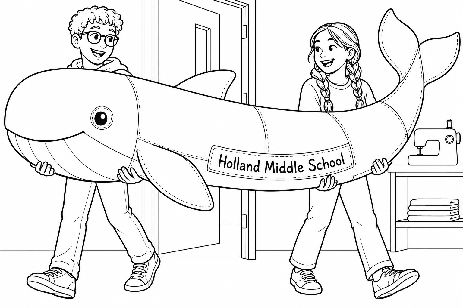 Two teens carry an enormous whale-shaped cushion they made in sewing club.