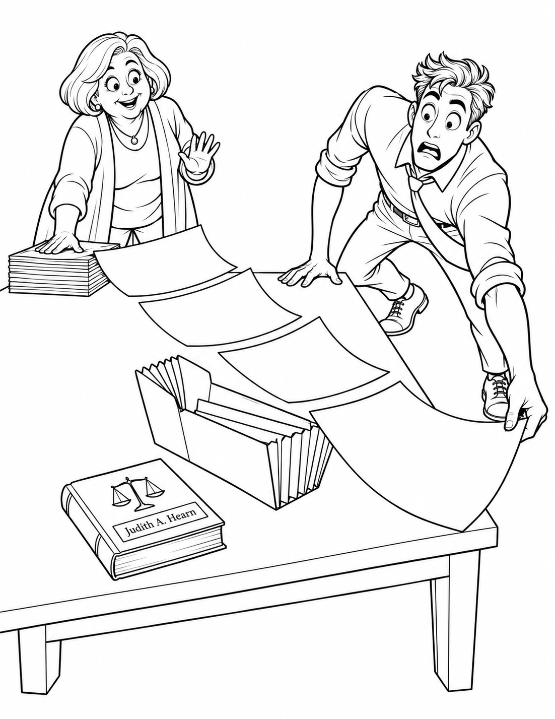 Two sharply different fictional adults rescue oversized papers in a comic near-miss: exactly four giant blank sheets peel from one tabletop stack and sweep diagonally toward an open accordion folder, but the leading sheet misses its opening and slides over the table edge. A tall man lunges low to catch that sheet before it falls while a shorter woman holds the remaining stack in place; a small closed scales book cues general legal help.