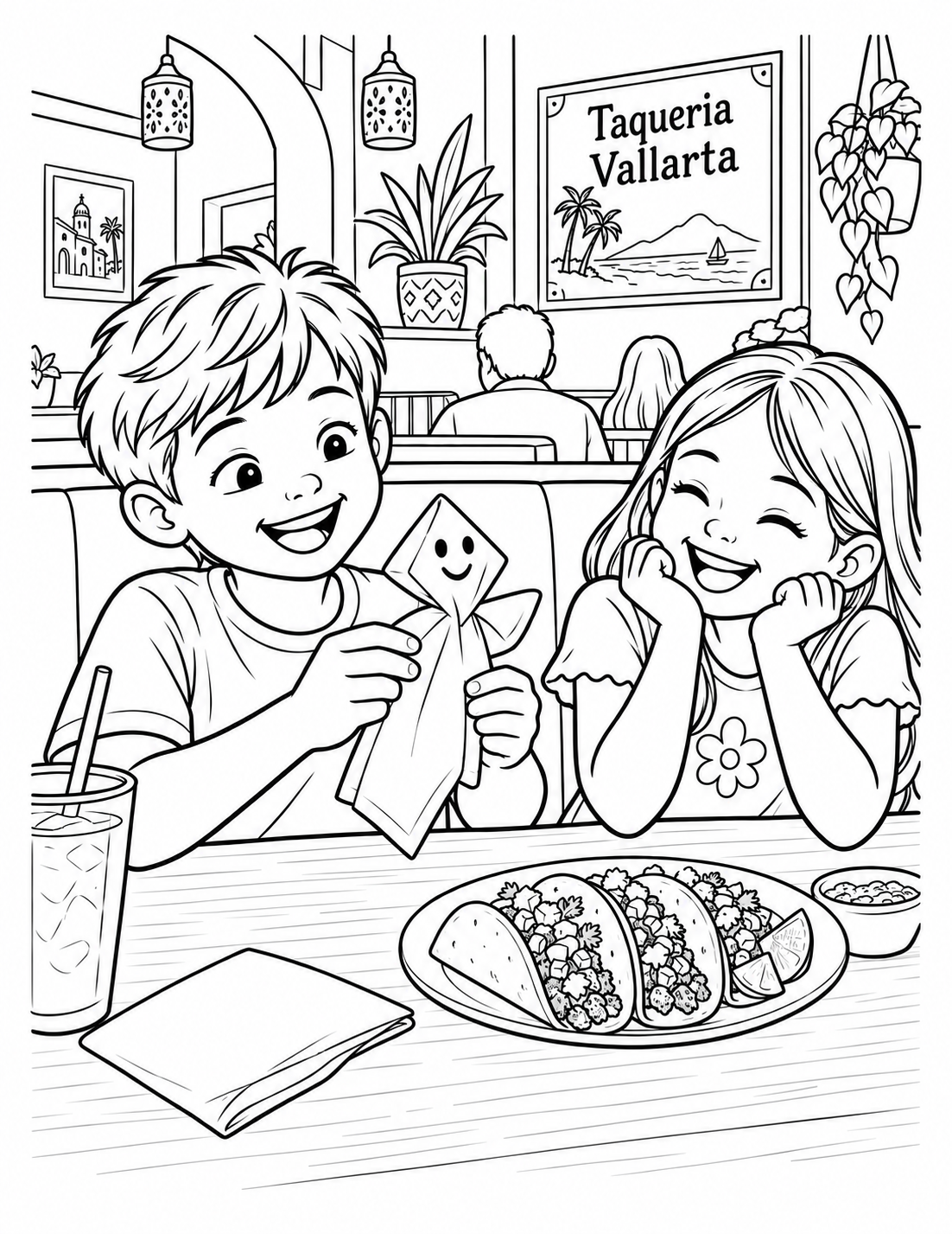 The smiling folded-napkin puppet and the laughing girl are the attraction.