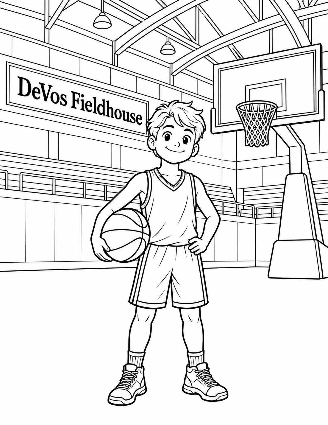 A cheerful young basketball player stands proudly holding a ball at his hip in a large indoor fieldhouse, with a hoop rising behind his right shoulder.