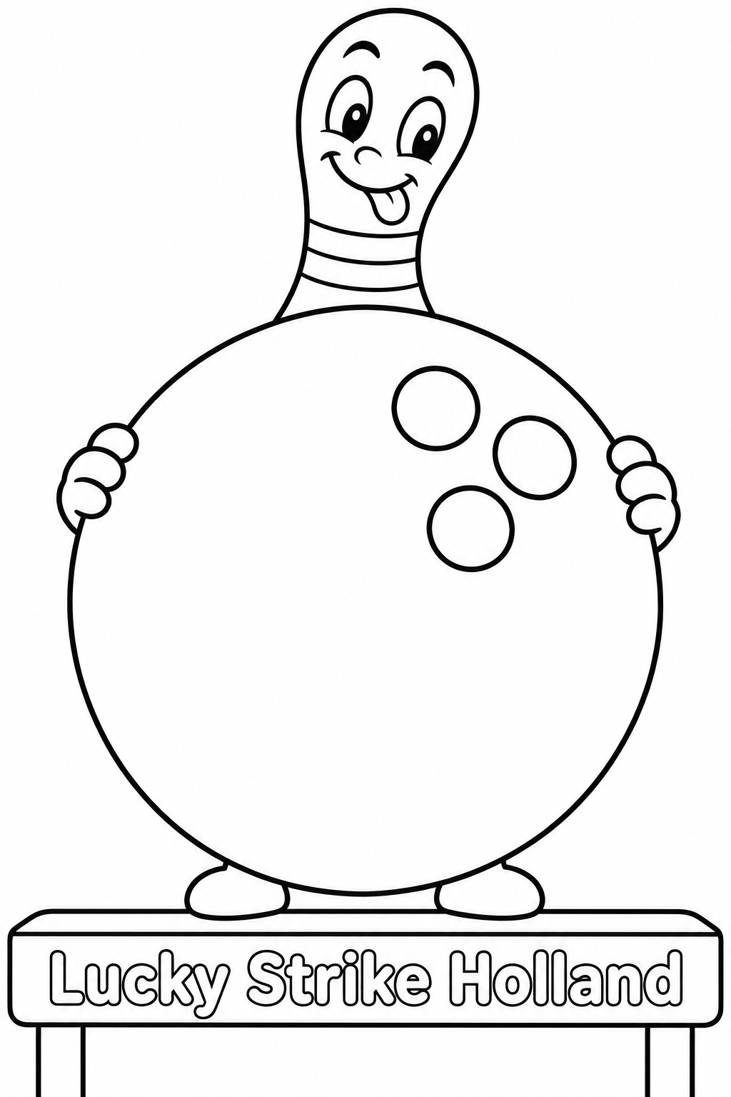 A mischievous bowling pin character peeks from behind a huge bowling ball, gripping its two sides as if playing hide-and-seek while its round head and long neck rise above the ball.