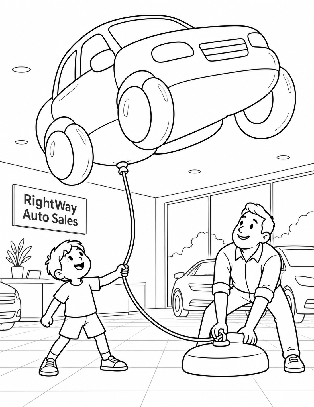 One fictional child holds a single tether as an oversized balloon sculpture shaped like a complete generic car lifts nose-up inside an imagined used-car showroom; a parent braces the tether’s floor anchor.