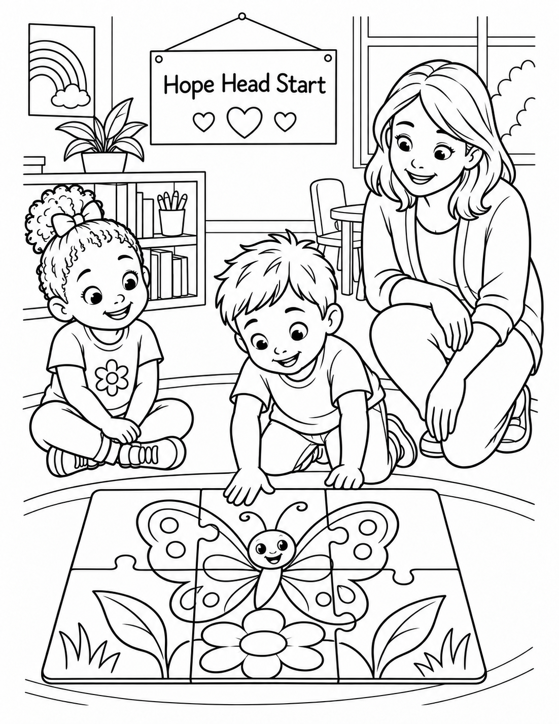 Preschool children finish a six-piece butterfly picture puzzle with their teacher