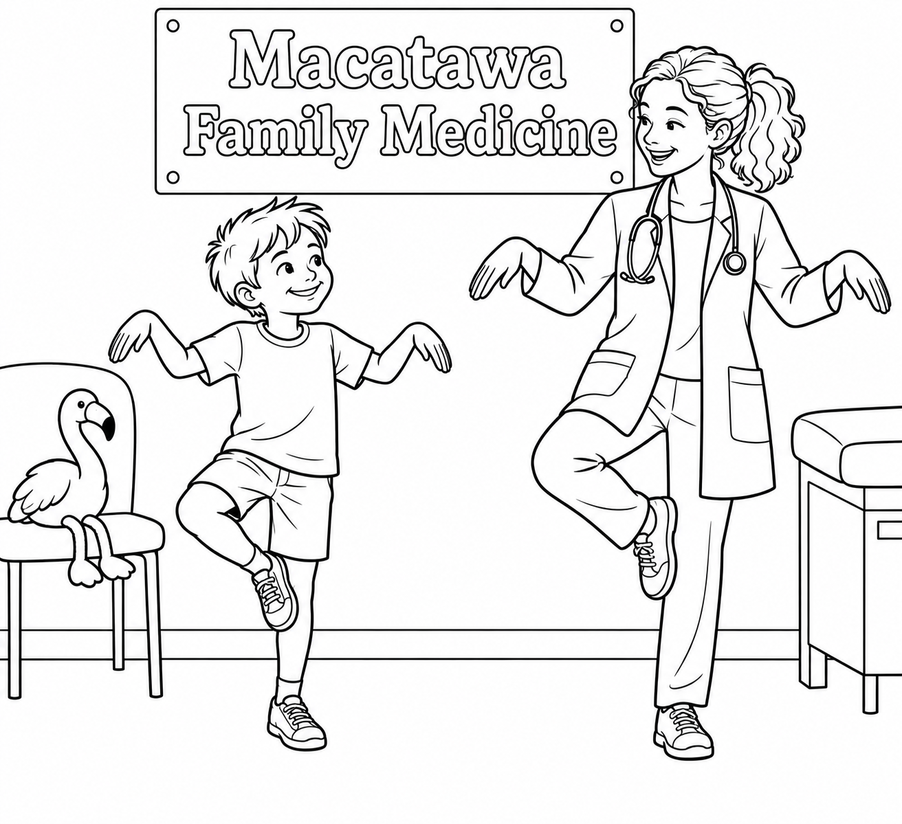 Young child and clinician mirror a flamingo-like balance pose