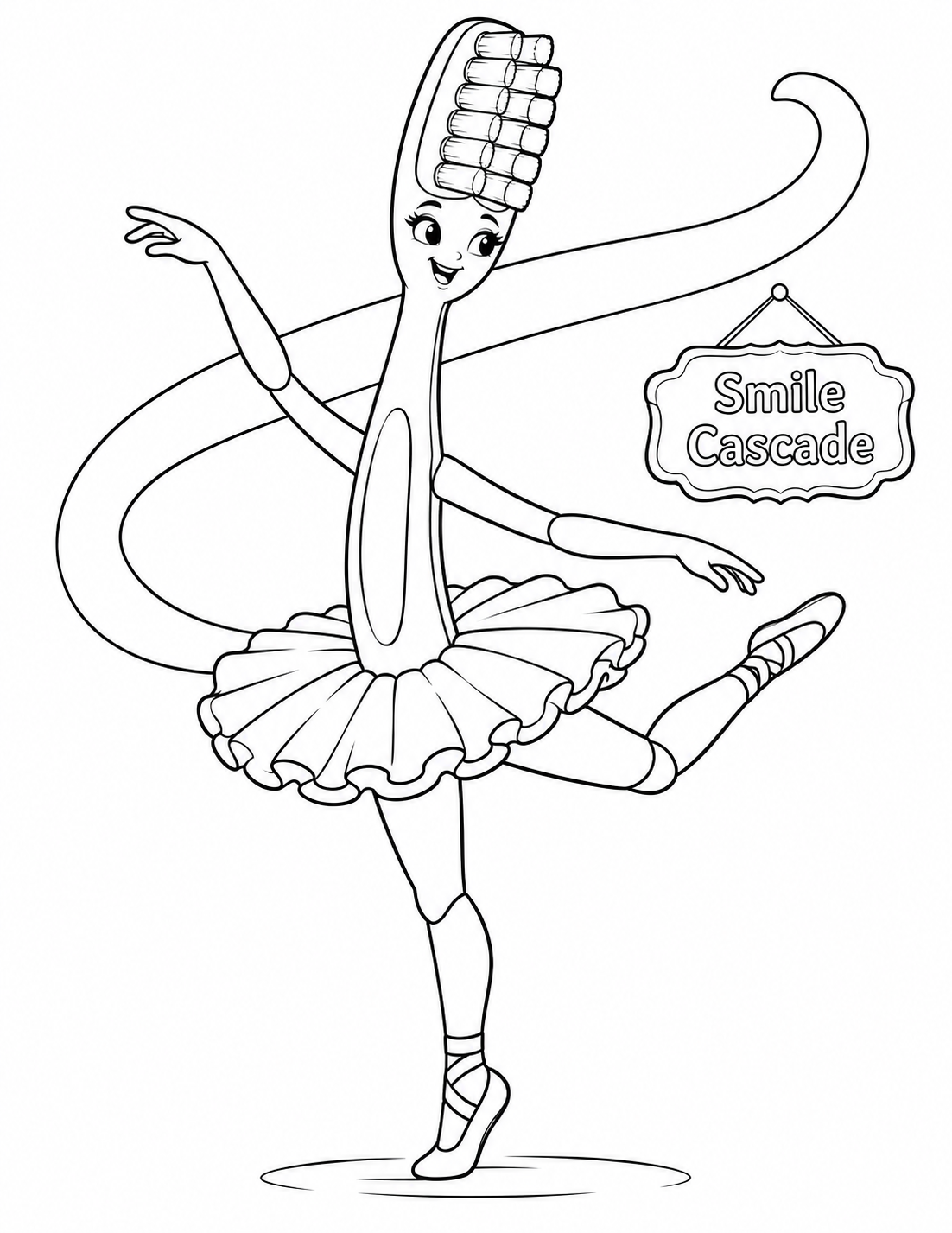 One fictional toothbrush character dances in a balanced arabesque. The recognizable brush head, neck and long tapered handle form one connected body; exactly two arms and two legs attach to the handle, one foot stands on the floor and the other leg bends behind with its foot lifted. One toothpaste ribbon curves once behind the dancer.