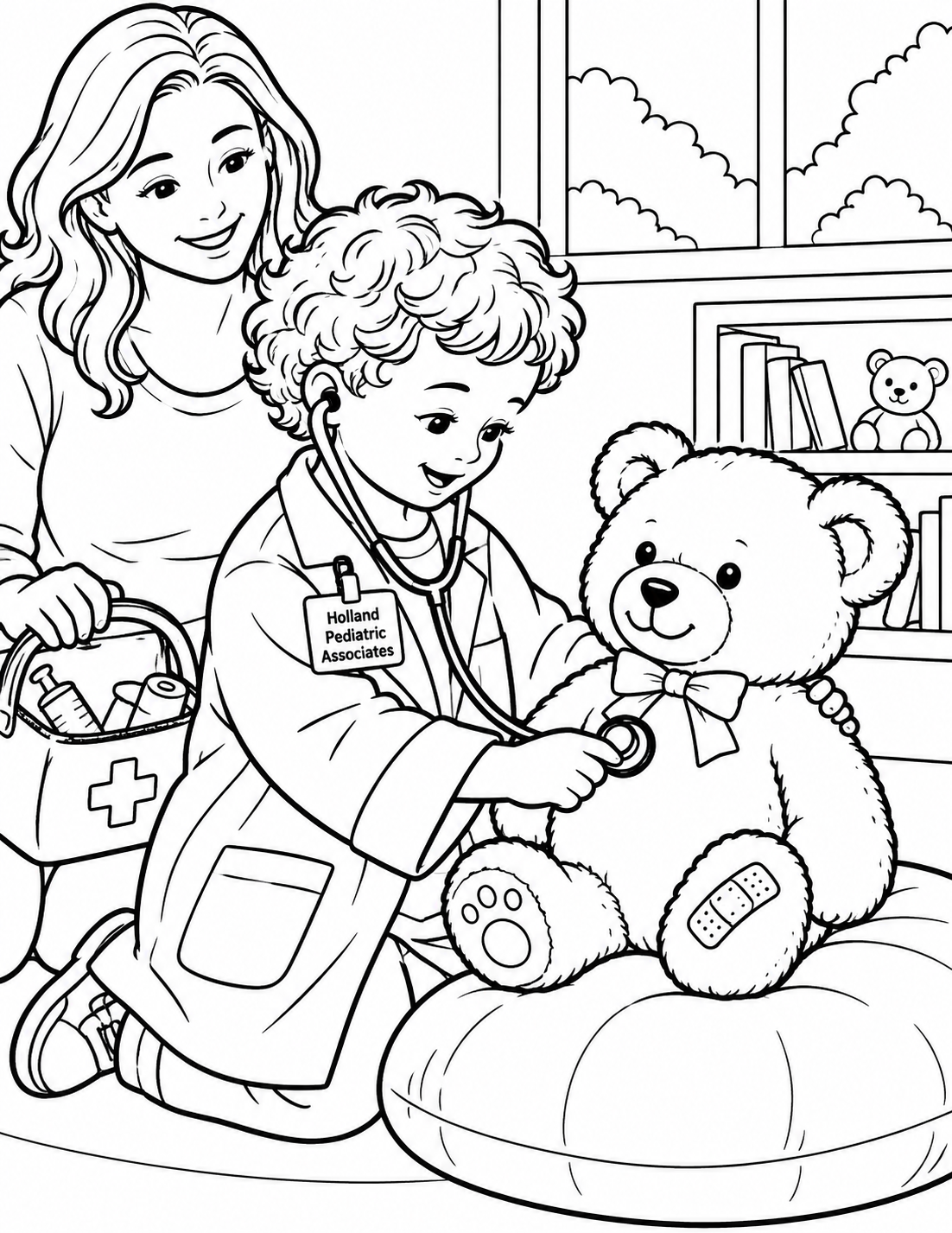 A child listens to a teddy bear with a toy stethoscope while a parent holds the medical bag. The bear sits on a cushion with a bandage on its paw. An imagined play scene inspired by Holland Pediatric Associates.
