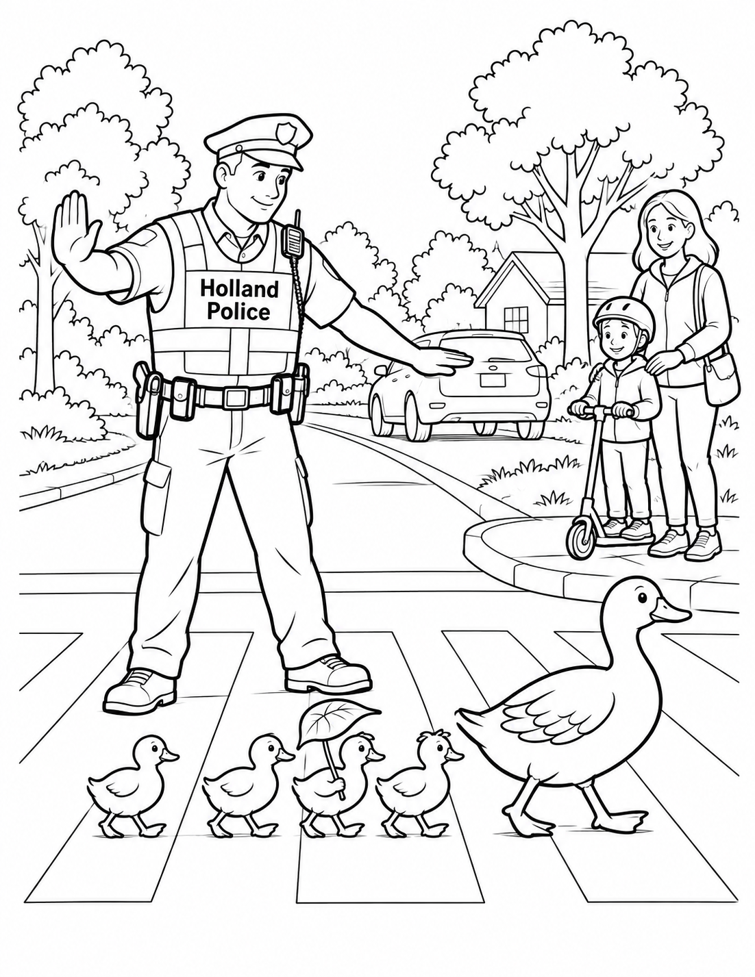 A police officer makes room for a little duck parade.