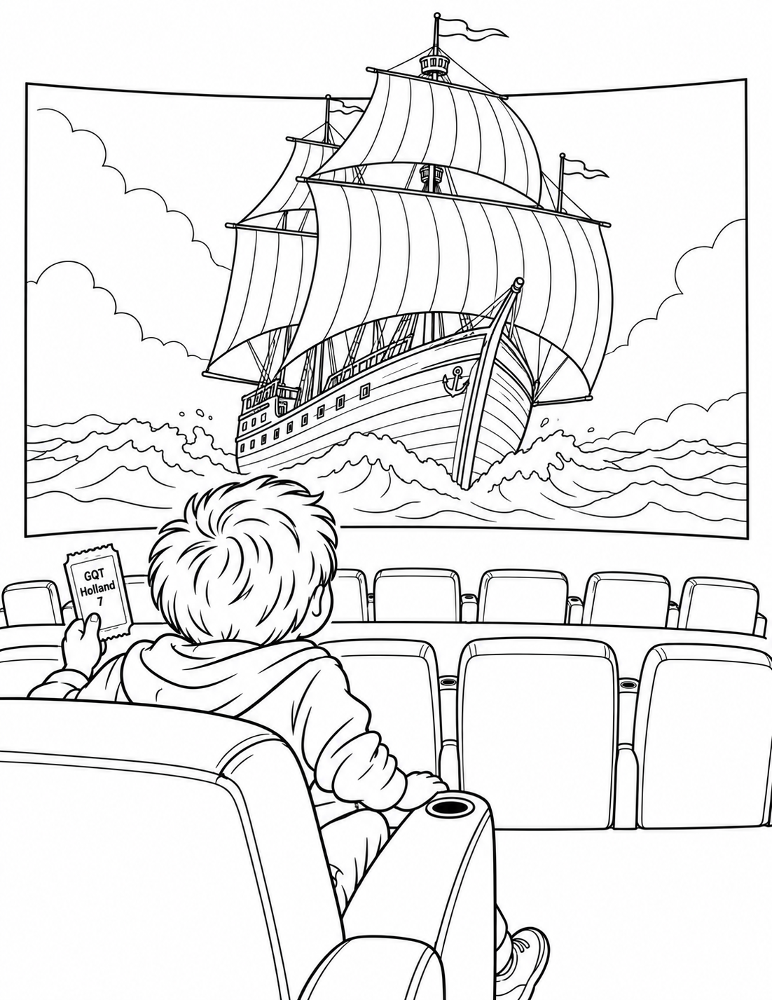 From behind a child’s recliner, the big movie screen opens like a storybook onto a huge sailing ship whose sails fill the frame.
