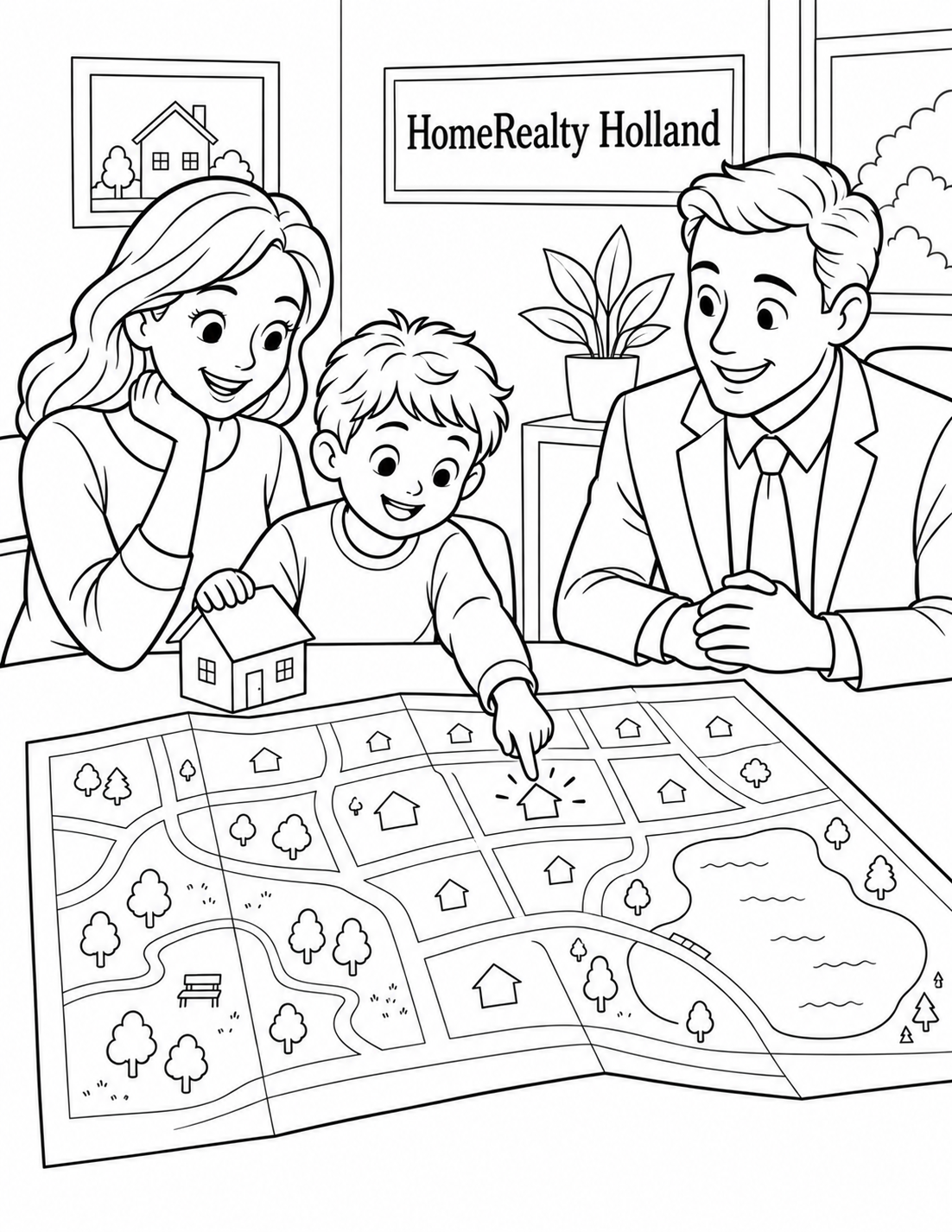 In a real-estate office, a child points from a simple neighborhood map to a small paper house model while an adult and agent look on.