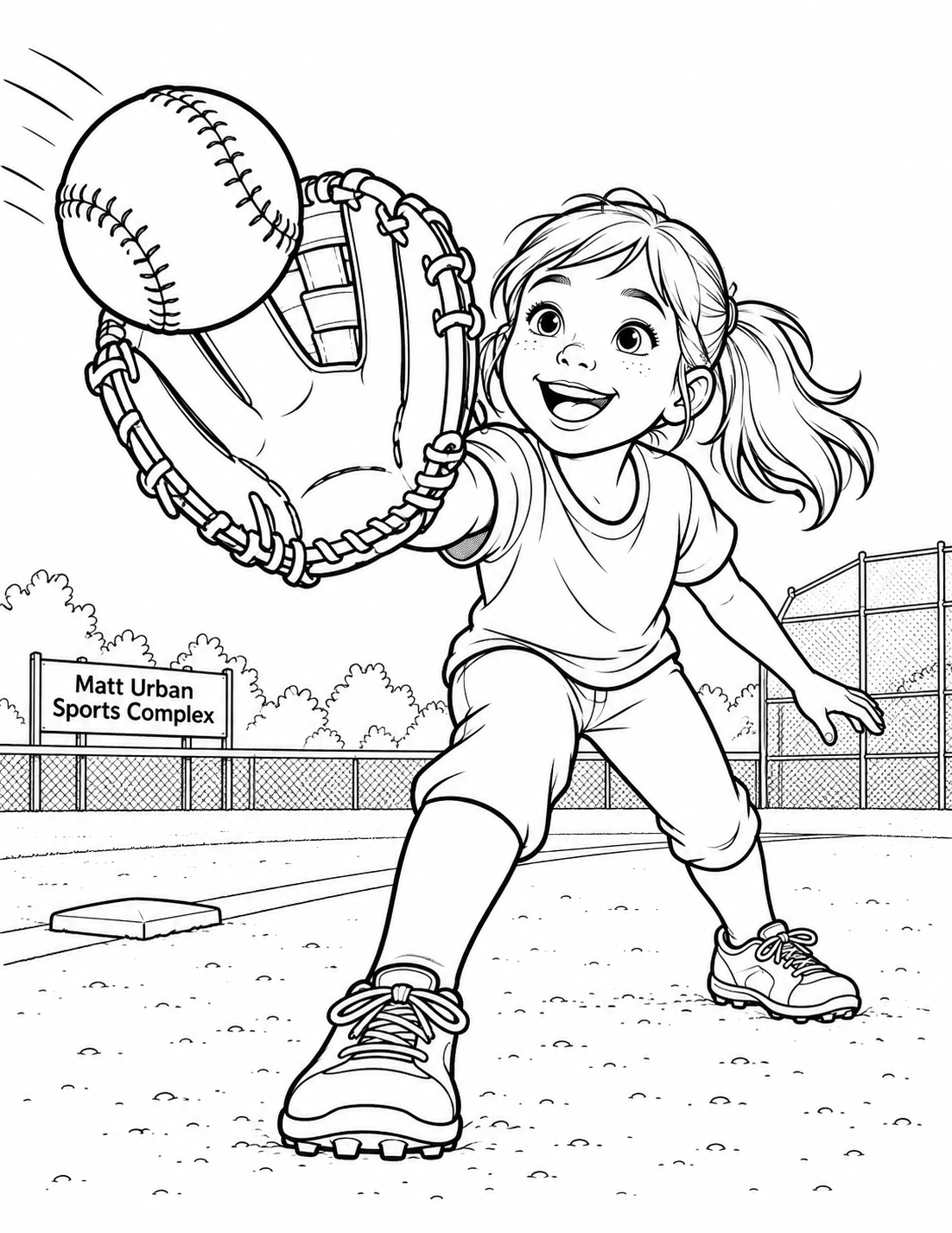 A softball is about to meet an oversized foreground glove while the child catcher’s delighted face and the diamond remain visible beyond.