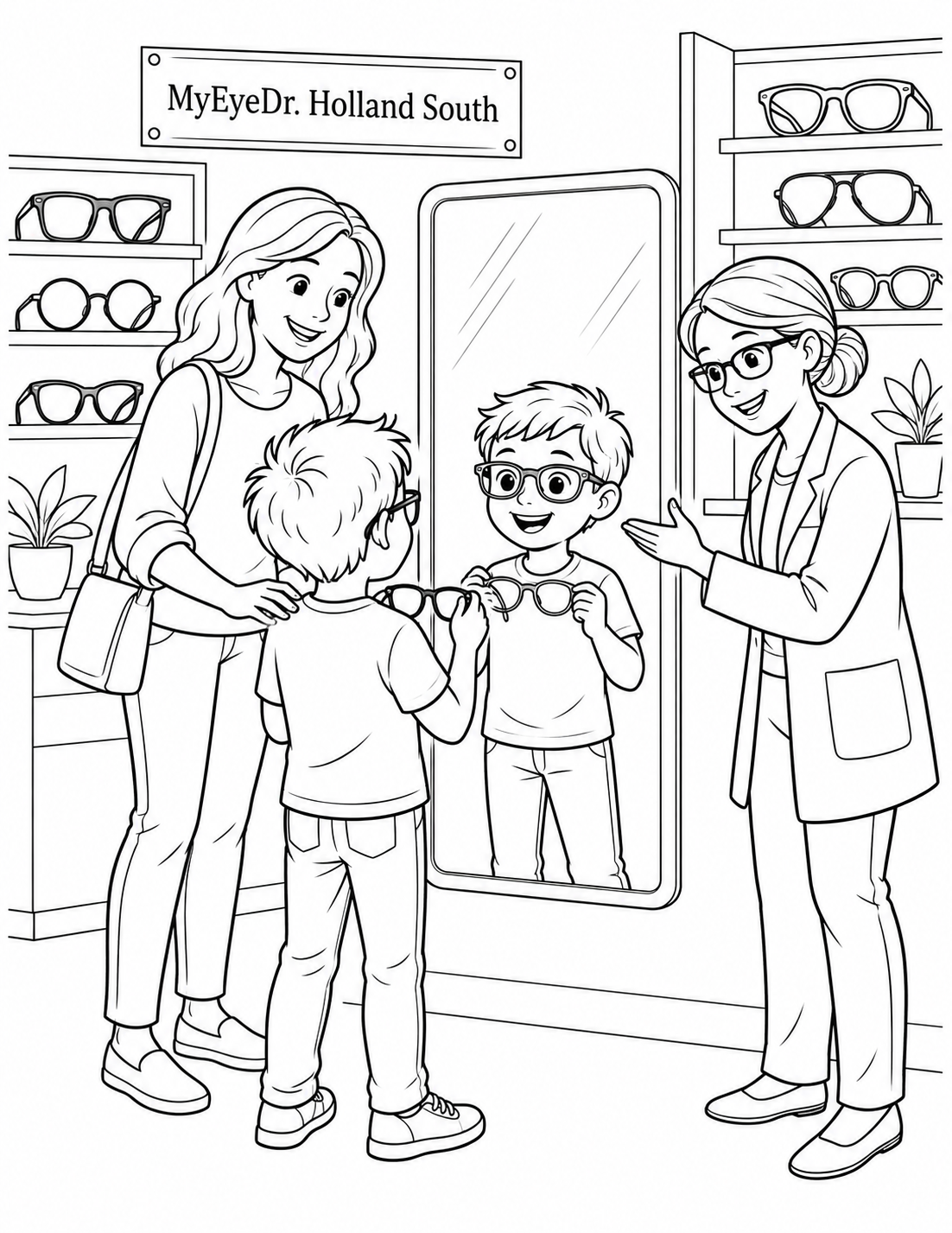 A child compares two oversized frame shapes in a mirror while a parent and optician help choose their favorite look.