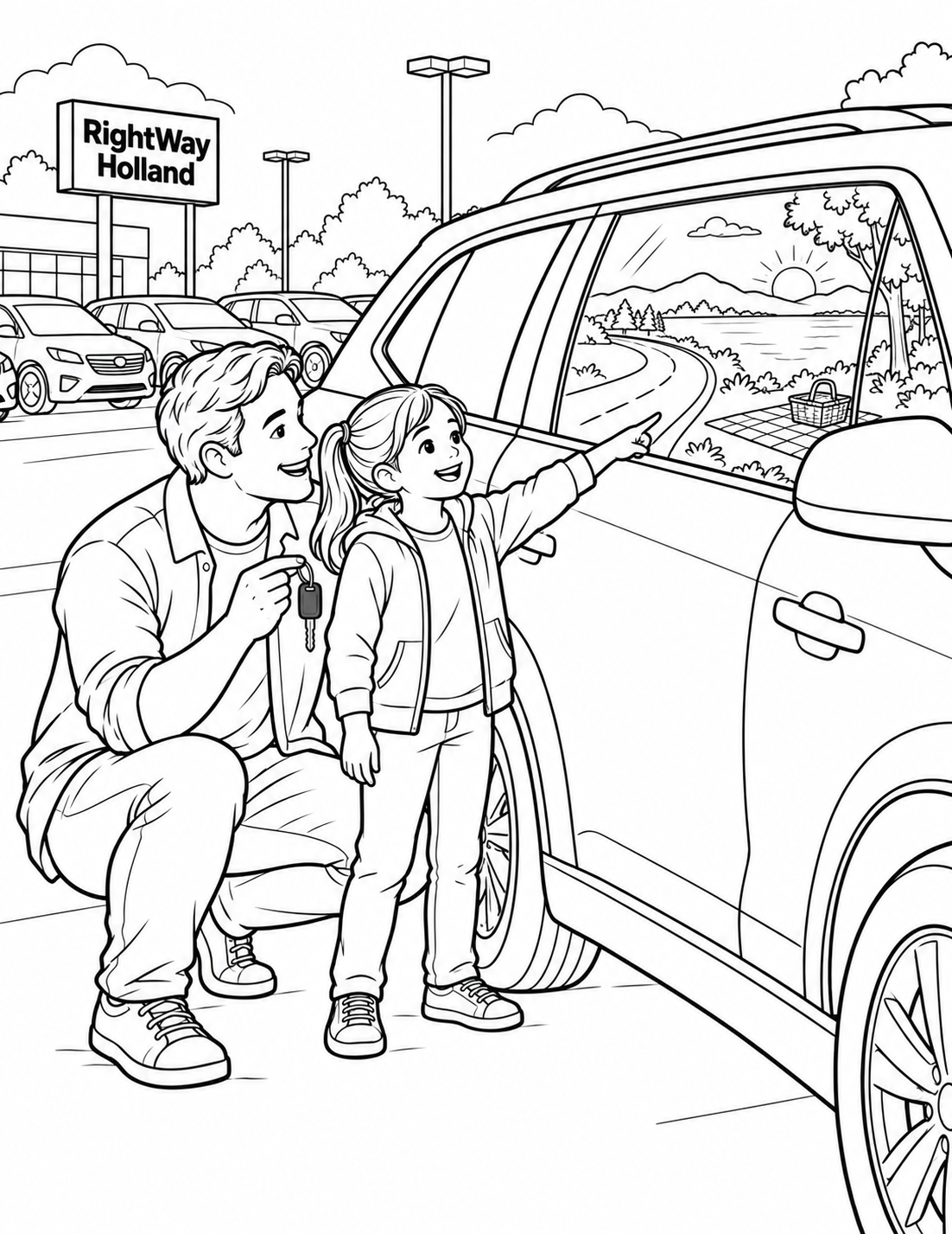 In a dealership lot, a parent holds a car key while a child sees an imagined route to a lakeside picnic reflected in the side window.