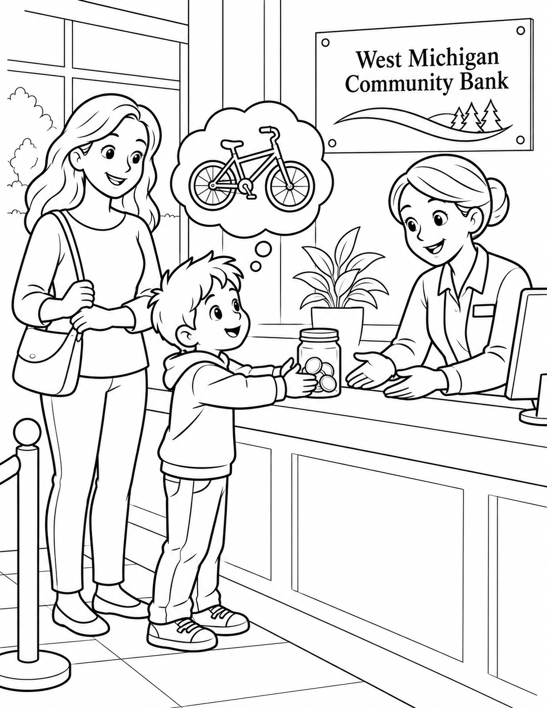A child makes a first savings deposit at a teller counter while imagining the small bicycle that the coins may one day help buy.