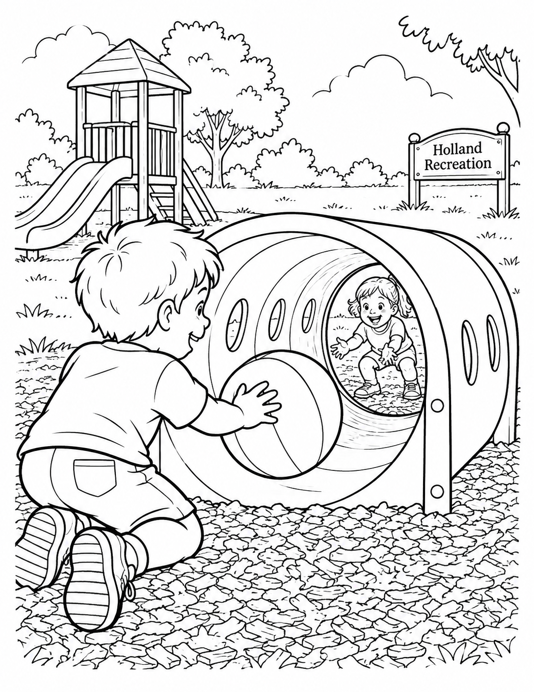 At a neighborhood park, a child sends a large ball rolling through a low playground tunnel while a sibling races around to meet it at the far opening.