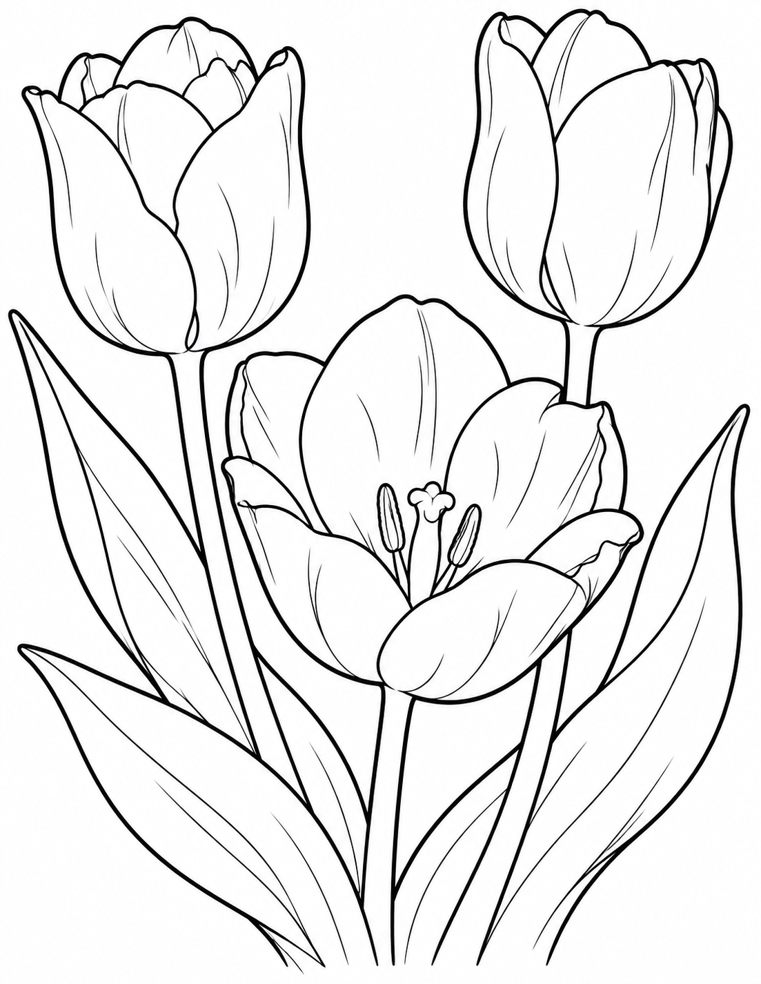 Three tulips open above long leaves, with one flower turned toward the viewer.