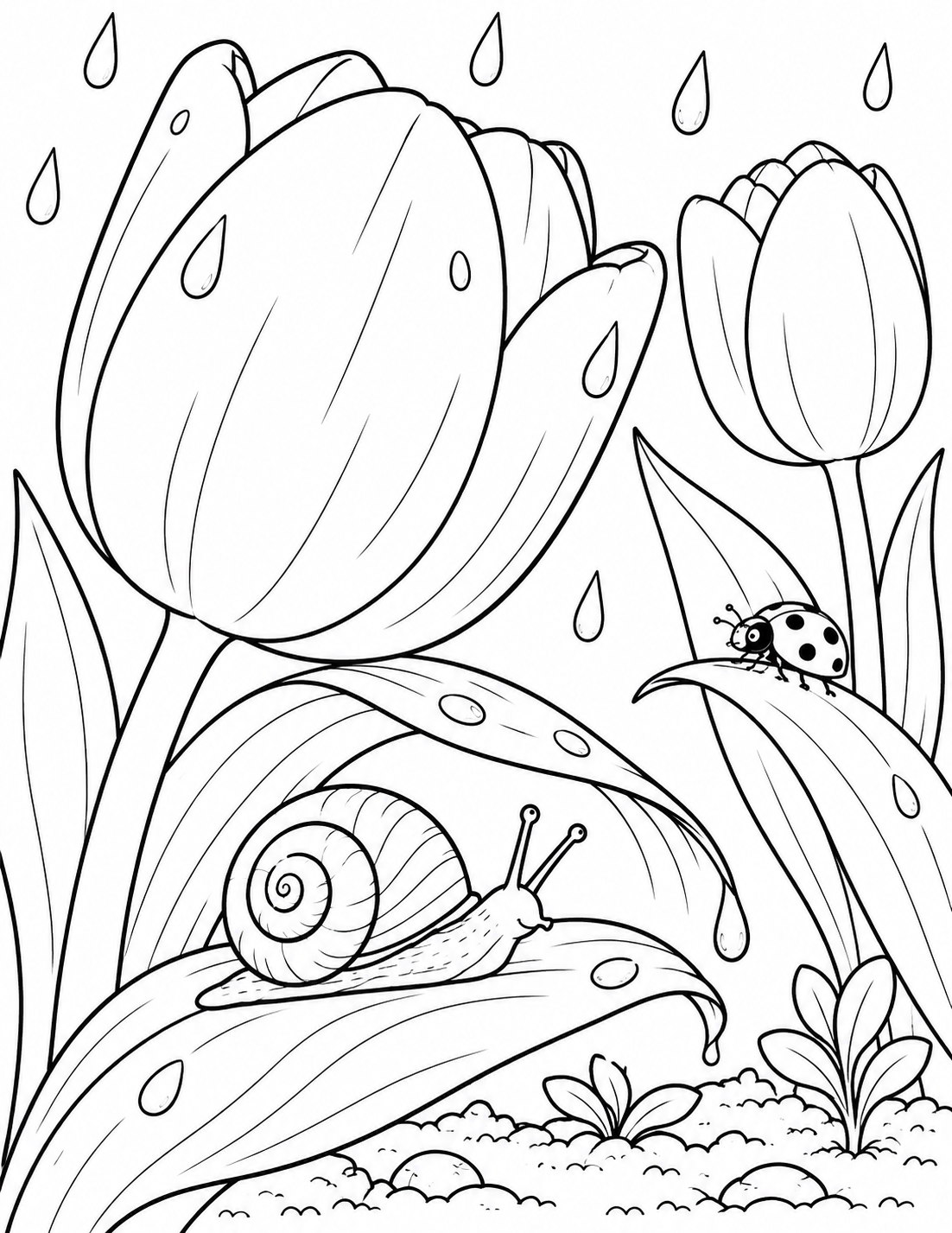 A snail shelters beneath a rain-wet tulip while a ladybug walks along a nearby leaf.