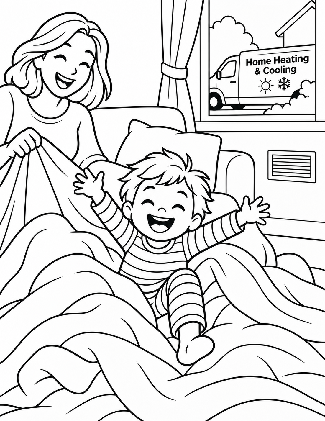A child pops out of a heap of blankets while their parent laughs.