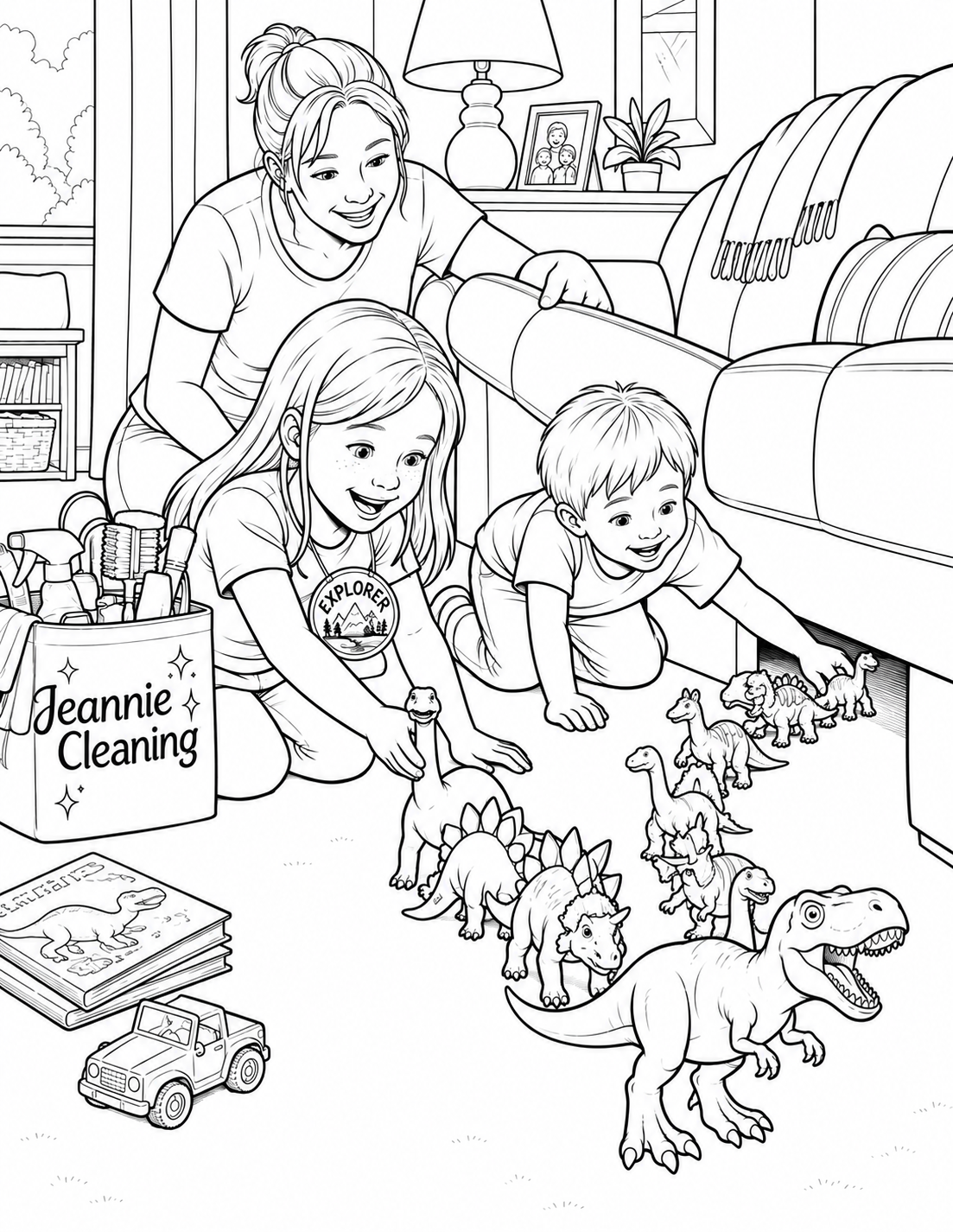 Two children recover toy dinosaurs from beside the couch during a cleaning day.