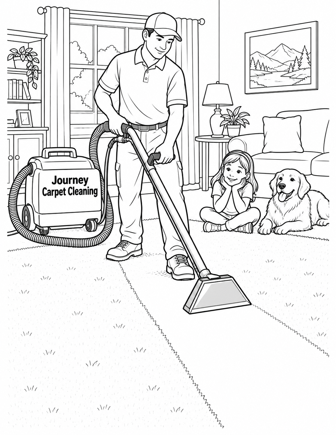 A technician guides a believable carpet-cleaning head across a broad rug, leaving one clean swath that a child and resting pet admire from safely behind the machine.