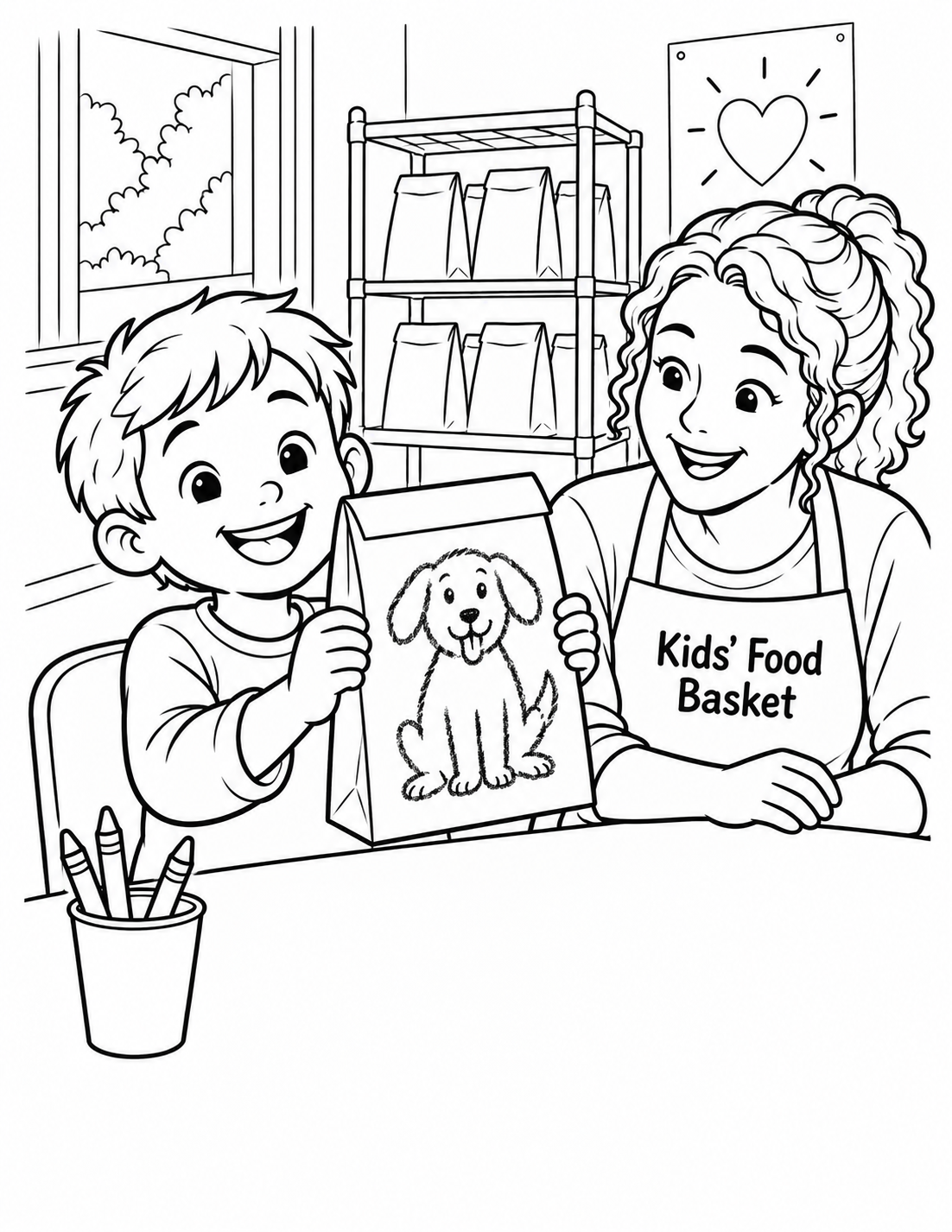 A child proudly holds up one paper sack decorated with a large, simple animal drawing while a volunteer smiles across the table.