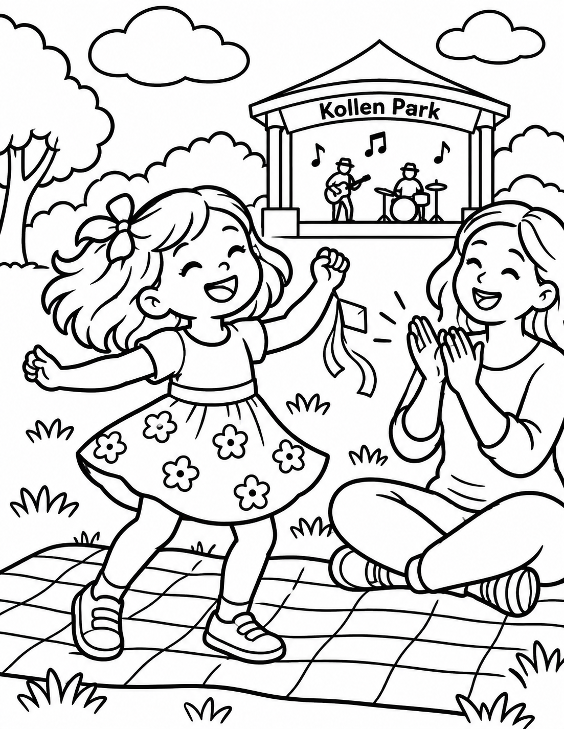 A girl dances on a picnic blanket while her parent claps to the park concert.