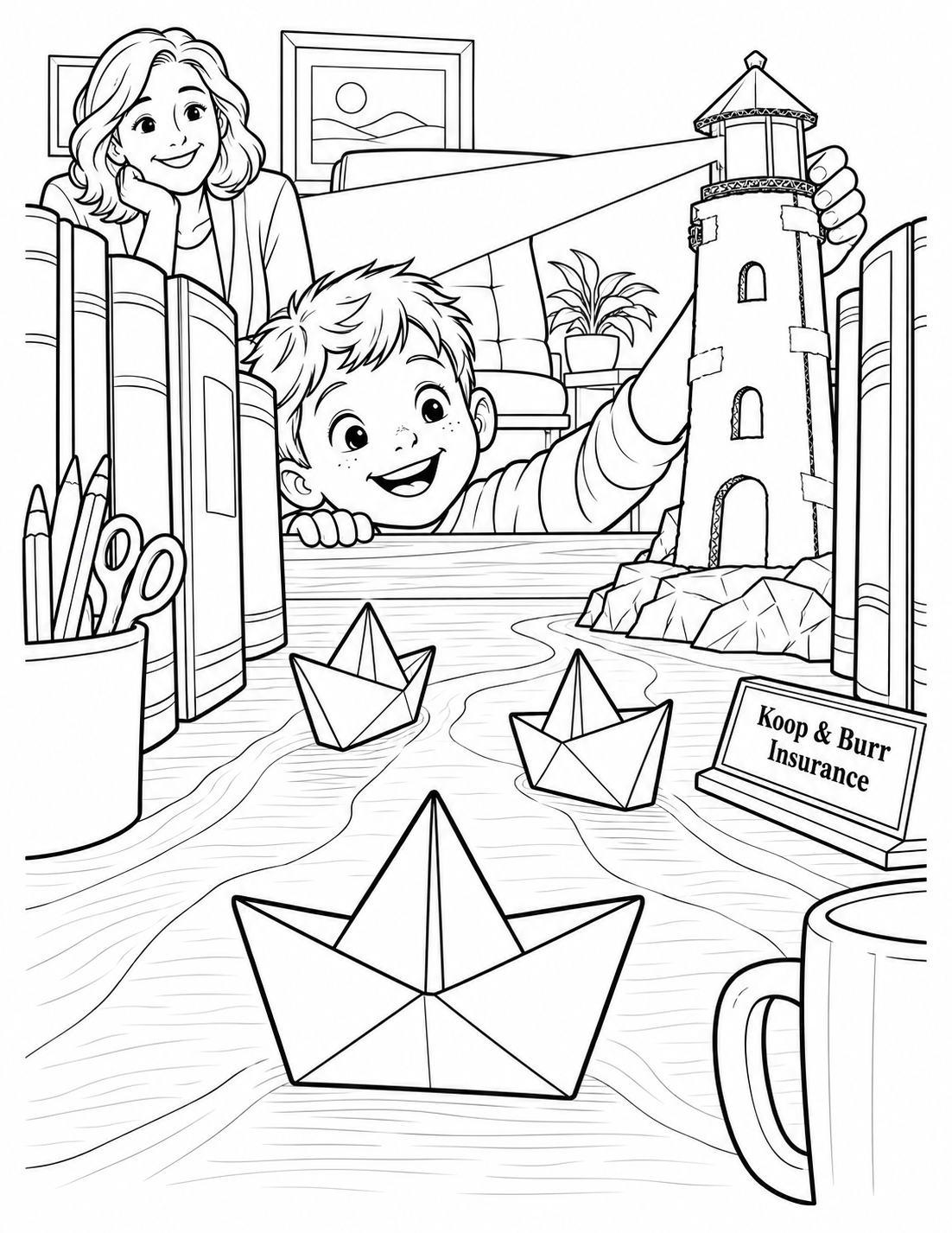 From paper-boat height on an office desk, a child turns a tall cardboard lighthouse so its cut-paper beam appears to guide three origami boats through a canyon of upright books.