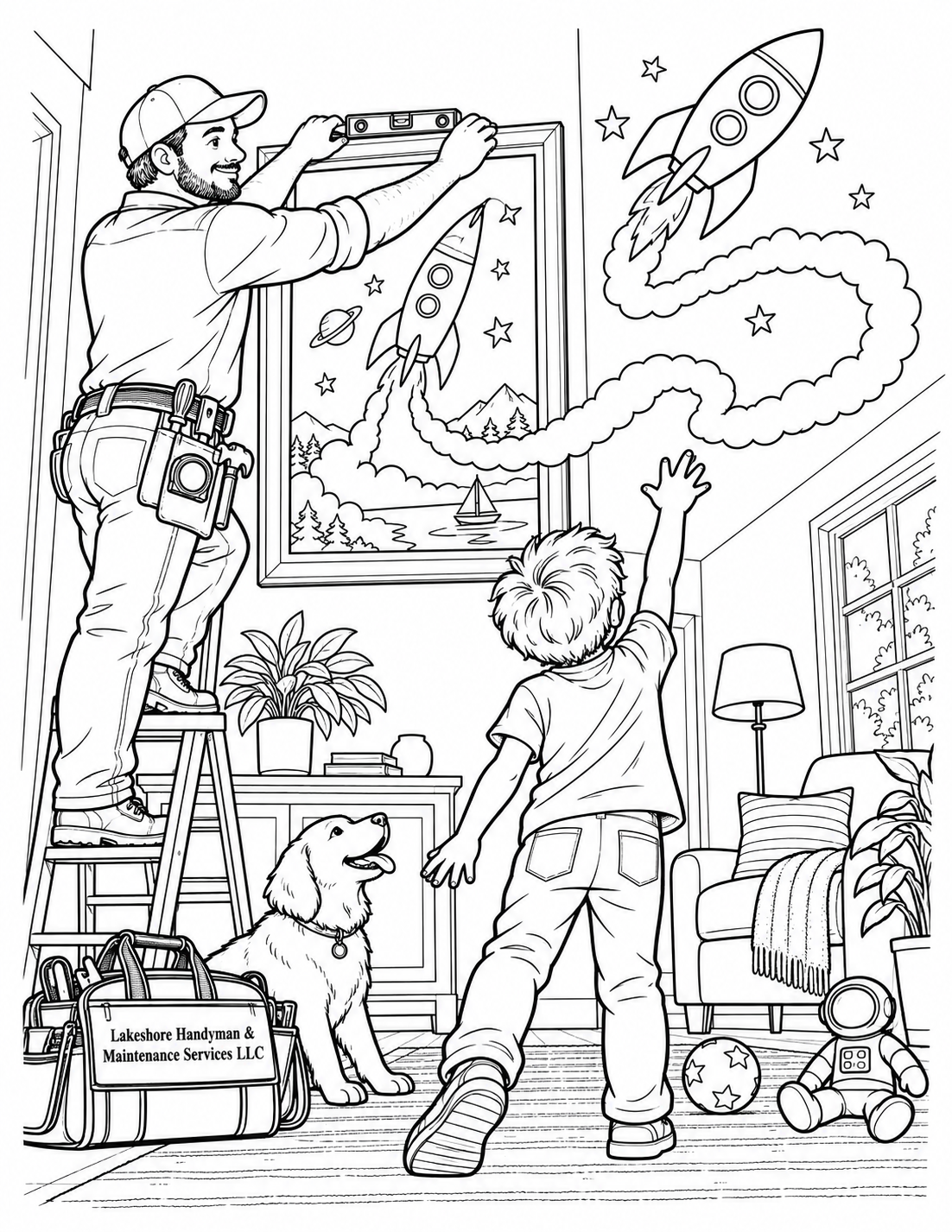 From low behind a child, a handyman centers a large framed rocket drawing with a bubble level as the drawn rocket sweeps off the frame into an imagined orbit around the room.