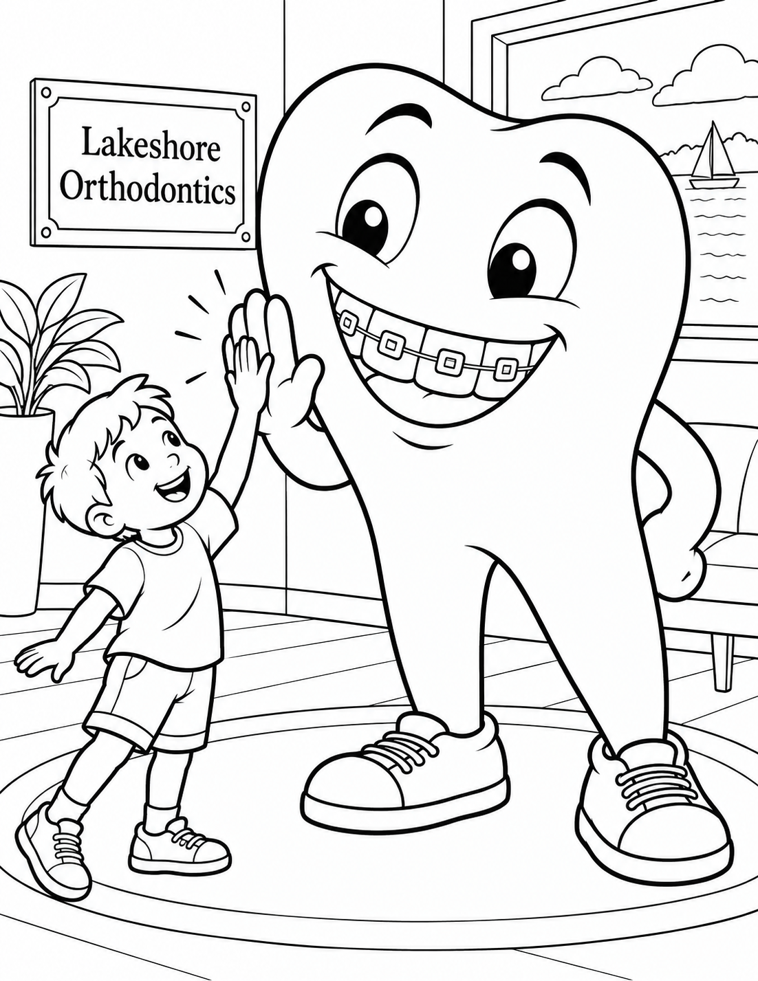 From a low child-height viewpoint, a very large, friendly tooth mascot bends down to high-five one delighted child; its wide braced smile becomes the page's open, expressive focal shape.