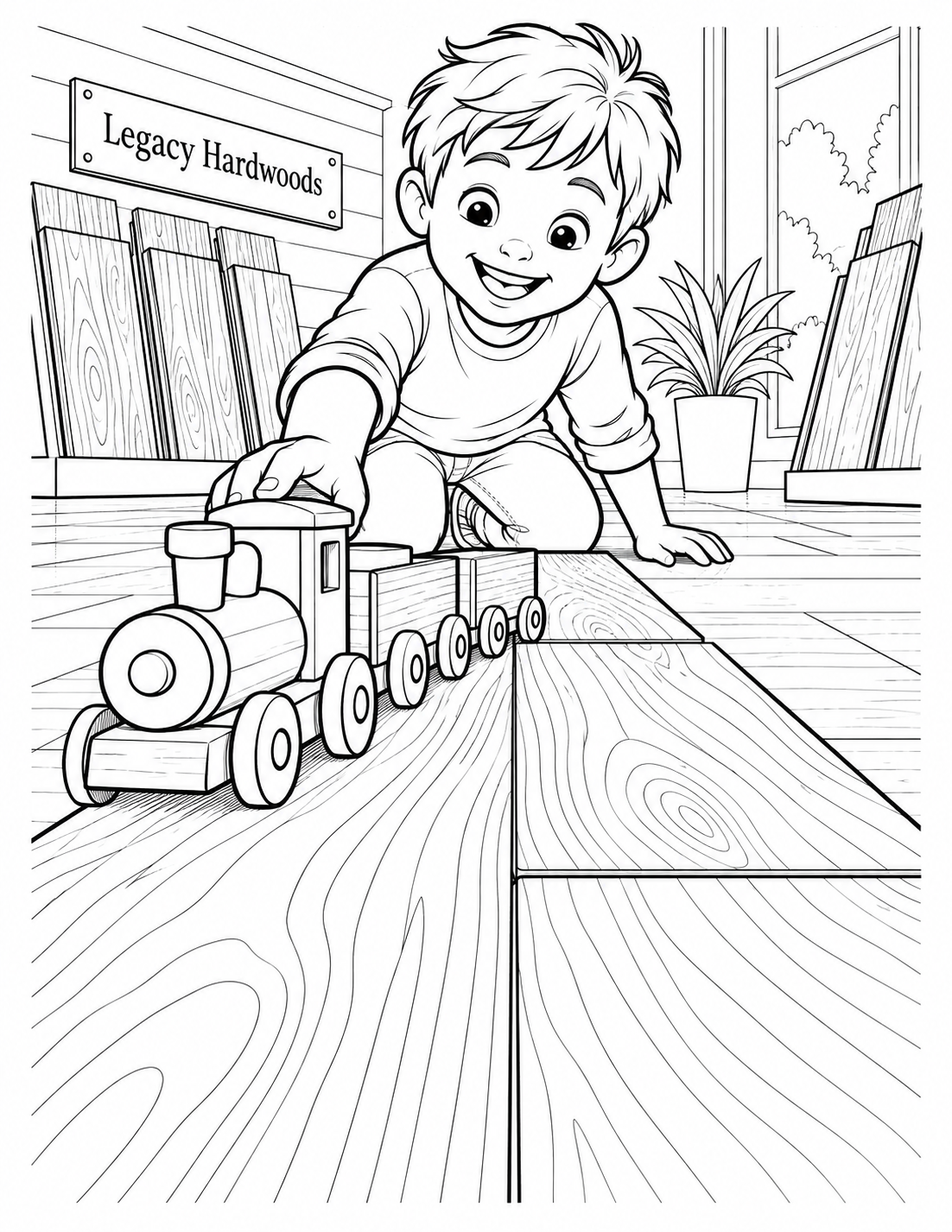 From the tiny wooden train's eye level, a child guides it across three hardwood sample planks that loom like a broad grain-lined railway through the showroom.