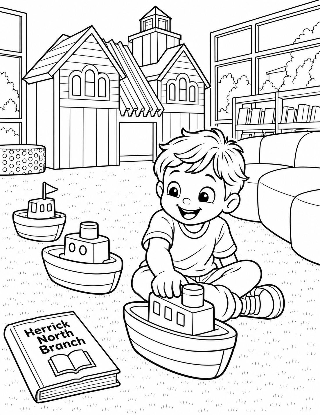 From overhead, three chunky toy boats form a wide arc across the carpet leading to North's actual Big Red playhouse. One seated child pushes the nearest boat with a relaxed hand. The playhouse's steep roofs and lantern appear at the upper edge and the curved sofa frames one side. Carpet remains dry and plain; all boats are unmistakable toys.