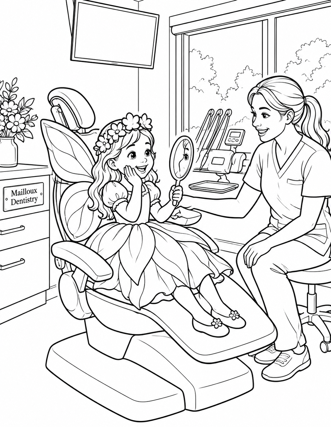 A child in fairy wings studies her smile in a hand mirror beside a dentist.