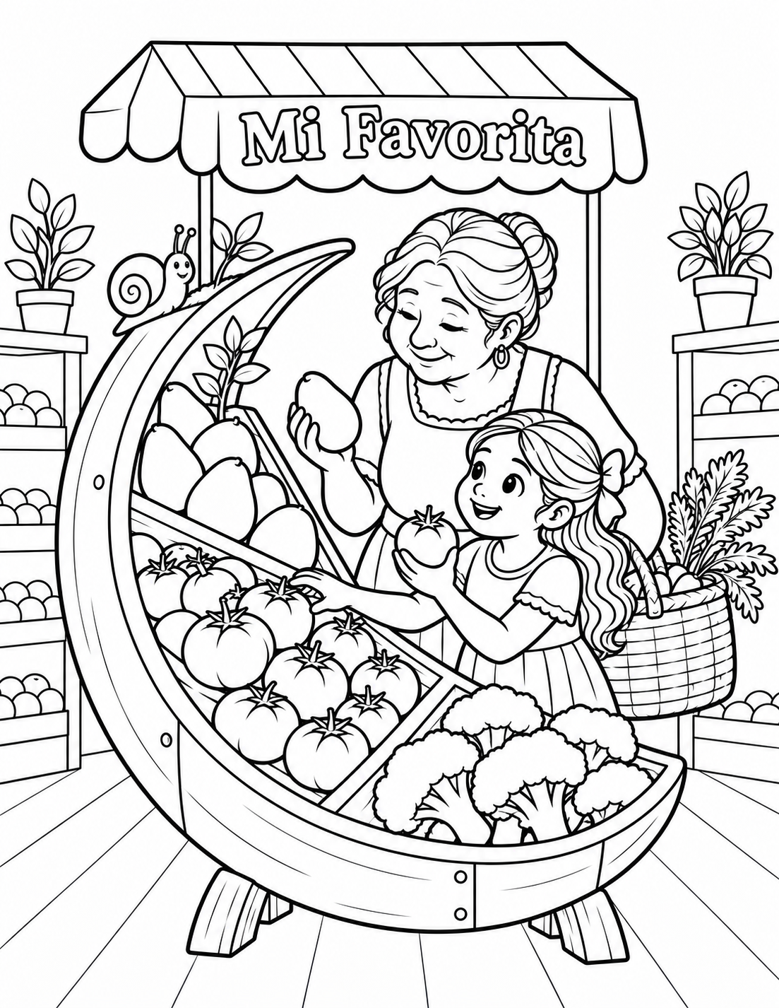 A grandmother and child choose produce from a crescent-moon grocery stand.