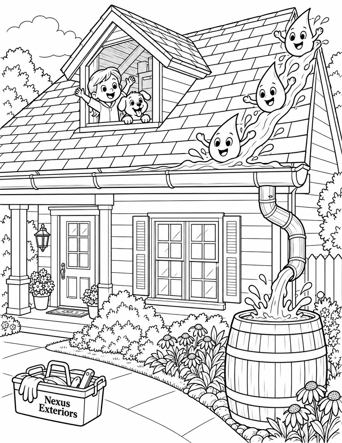 At an imagined Holland home, a child and puppy cheer as oversized raindrops race down the roof shingles, through a curving gutter and downspout, and splash into a rain barrel.