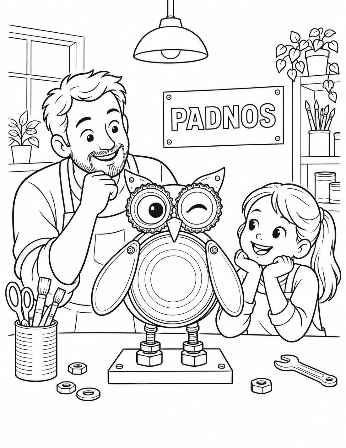 An adult and child admire a recycled-metal owl that gives them a wink.