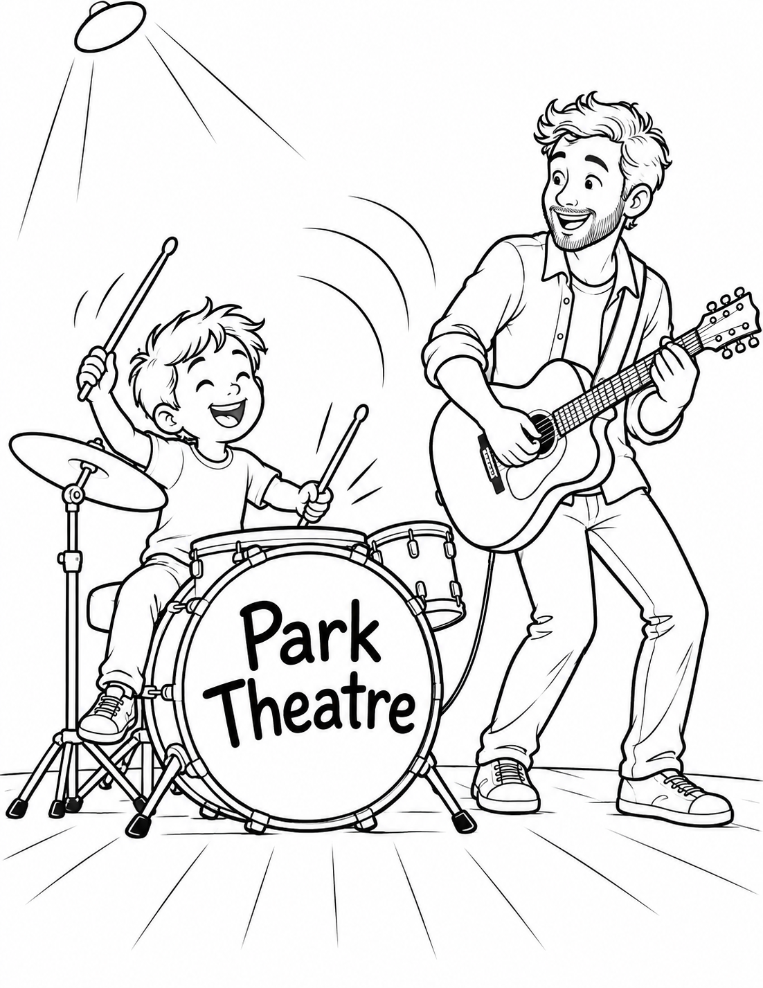 At an invented Park Theatre concert, a young drummer taps the first beat on a big round drum while an adult guitarist listens with a delighted smile.